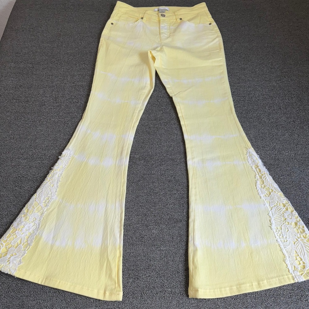 Gemma + Jane Yellow Tie Dye Lace Flare Jeans Bell Bottom Boho Festival Size 4